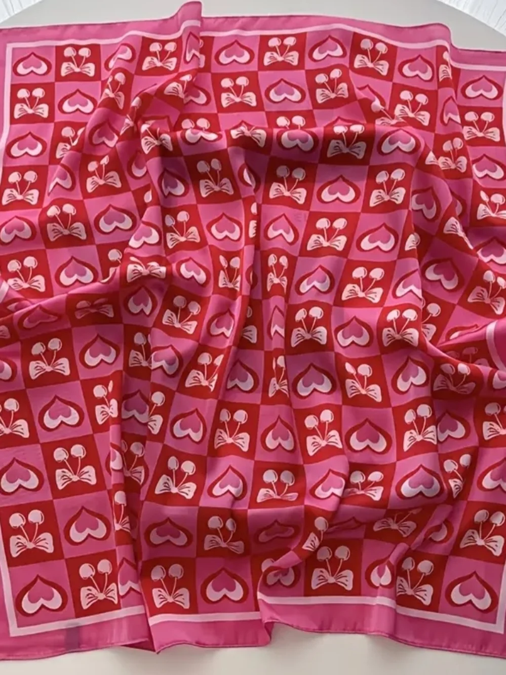 Silky- Feel Pink and Red Heart & Bow Pattern HeadScarf , Neckscarf 27.56x27.56in